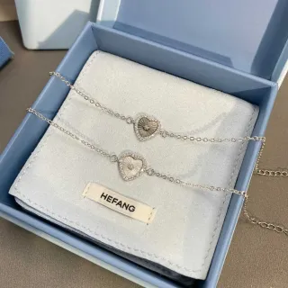 HEFANG Collier Argent Blanc à Pendentif Cœur avec Halo de Pierres Pavé