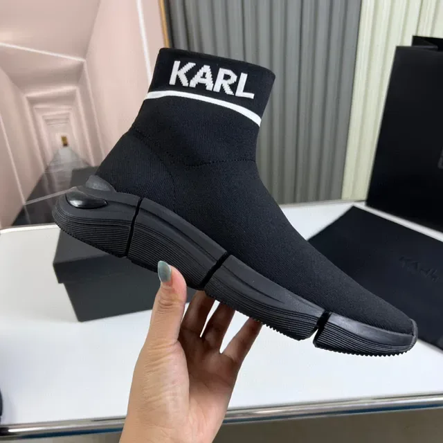 KARL Black White Sock-Fit Knit Logo Ankle Cuff Lifestyle Sneakers 4