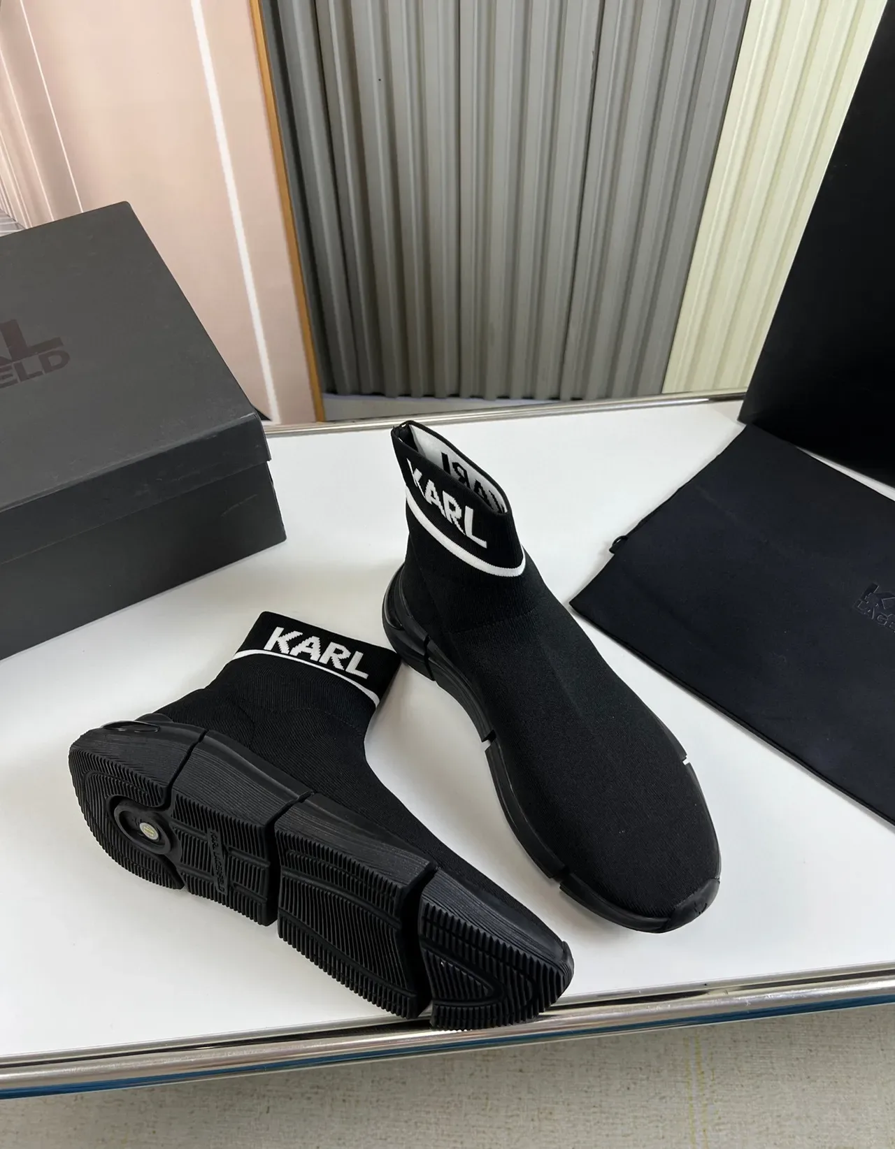 KARL Black White Sock-Fit Knit Logo Ankle Cuff Lifestyle Sneakers 5