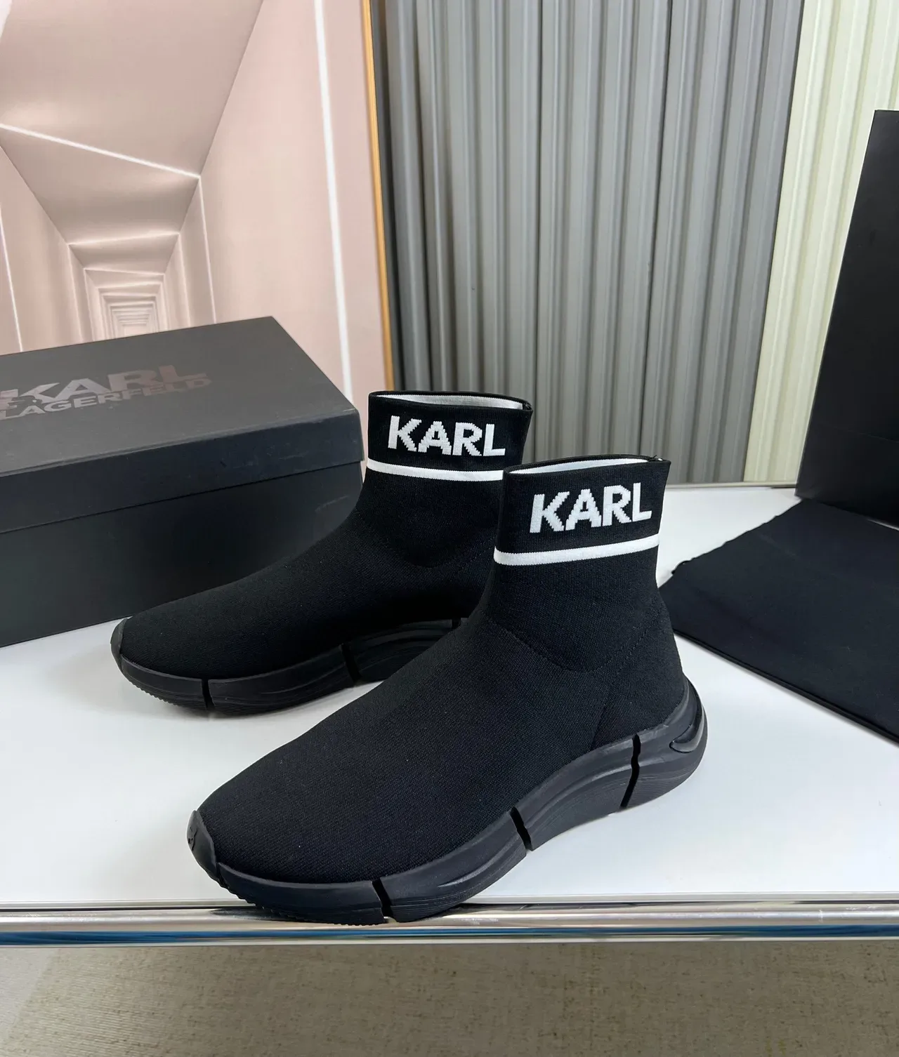 KARL Black White Sock-Fit Knit Logo Ankle Cuff Lifestyle Sneakers 7