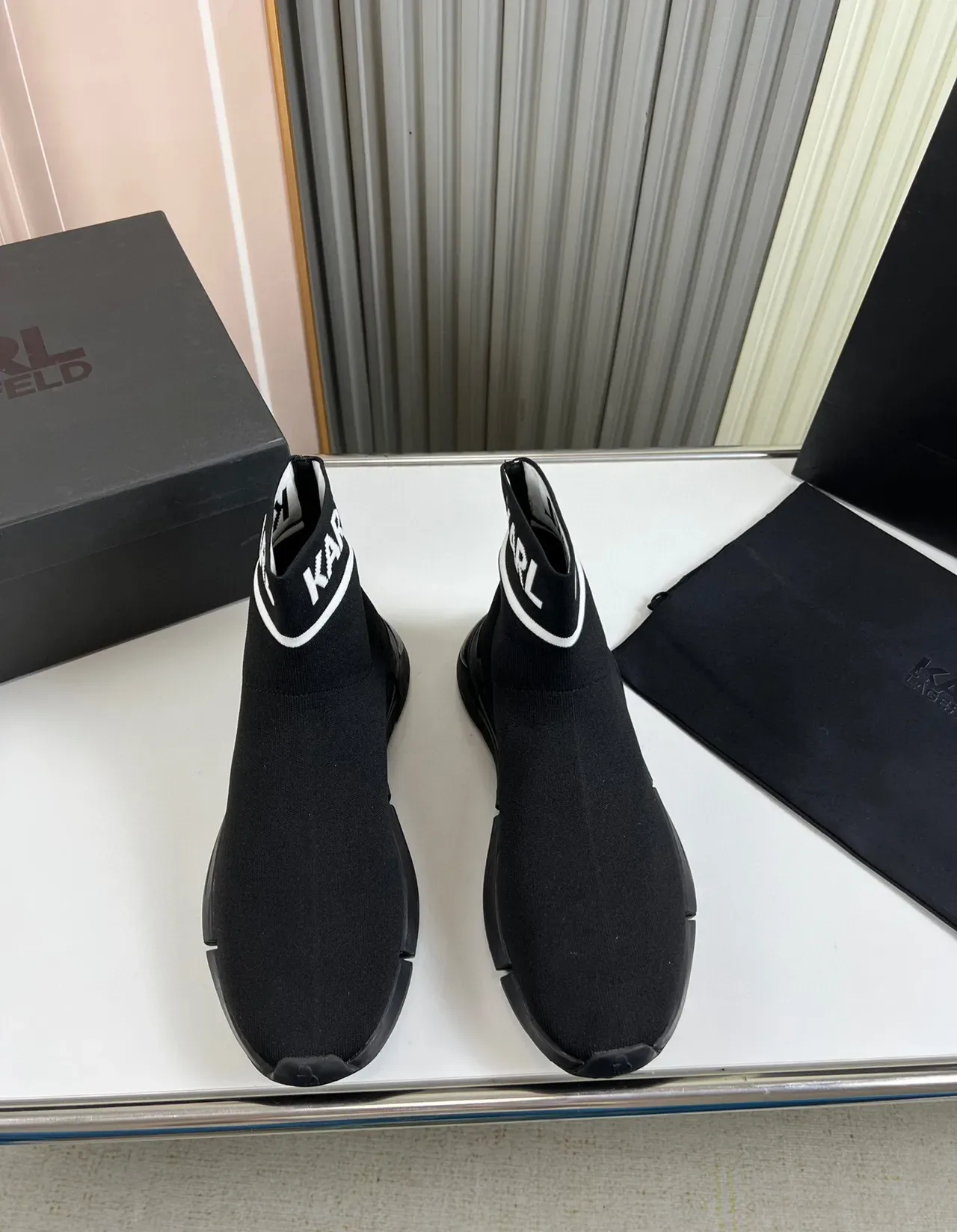 KARL Black White Sock-Fit Knit Logo Ankle Cuff Lifestyle Sneakers 8