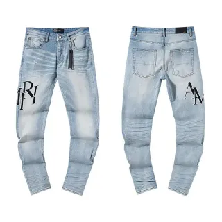 Light-Wash Distressed Slim-Fit Graphic Print Jeans