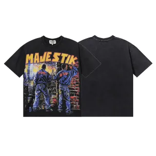 MAJESTIK 宽松做旧黑色图案印花T恤