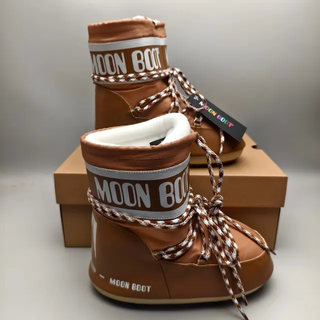Moon Boot क्लासिक टैन हाउंडस्टूथ लेस स्नो बूट्स 5