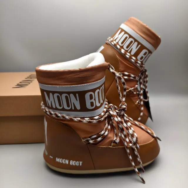 Moon Boot क्लासिक टैन हाउंडस्टूथ लेस स्नो बूट्स 6