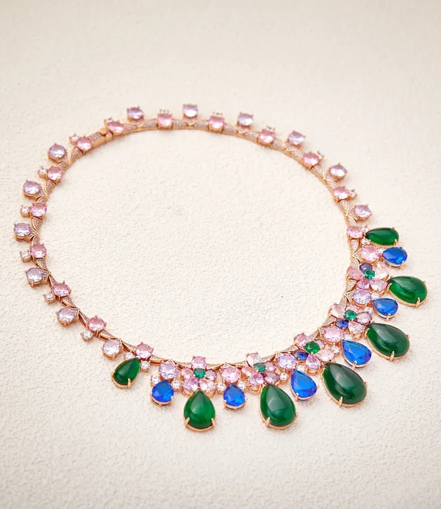 Multicolor Floral-Motif Bib Multi-Gemstone Cascade Necklace 5
