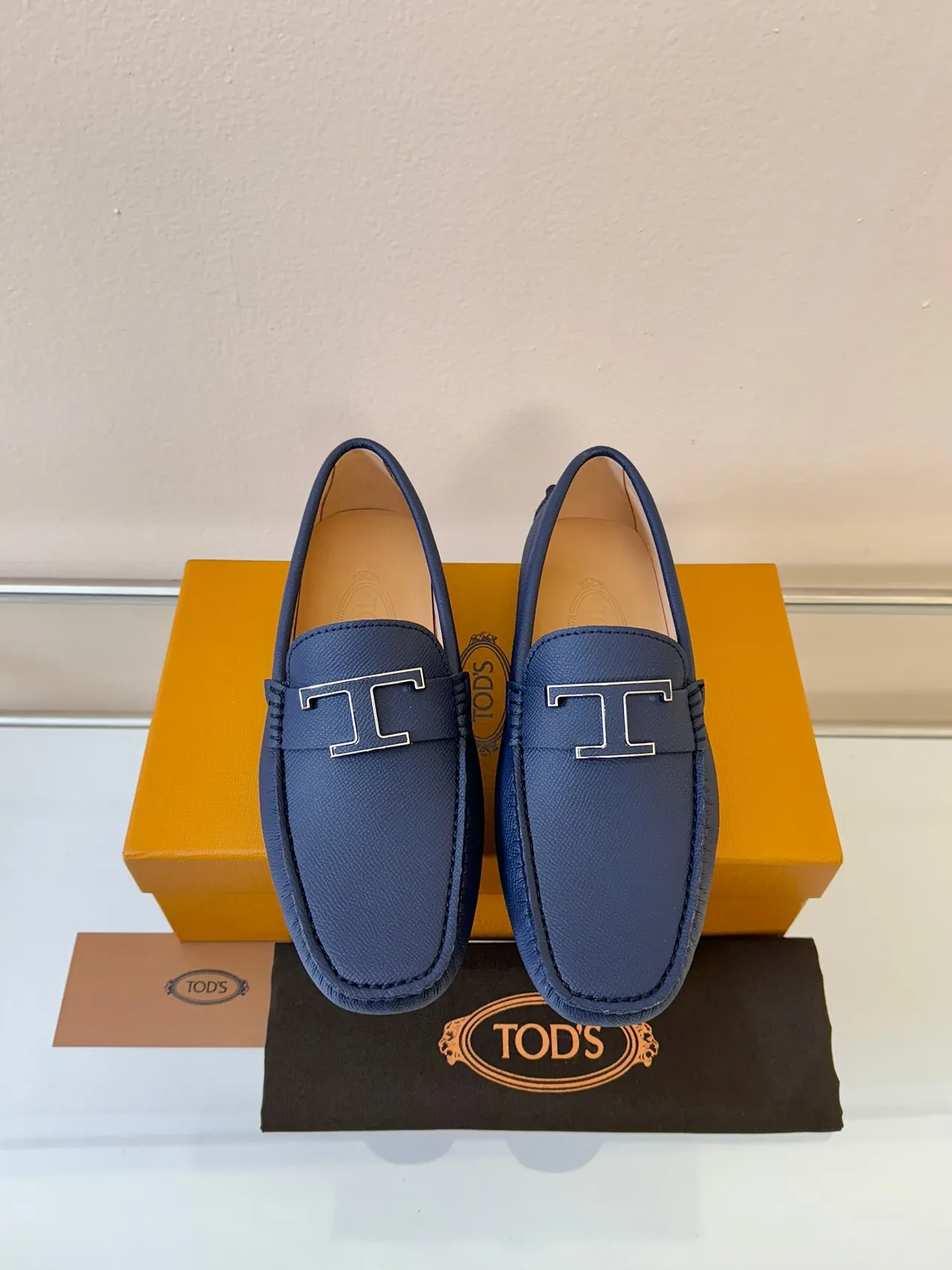 Navy Beige Pebbled Leather H-Buckle Strap Loafer 6