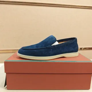 Loafer de couro de camurça navy bege com costura moccasin no vamp