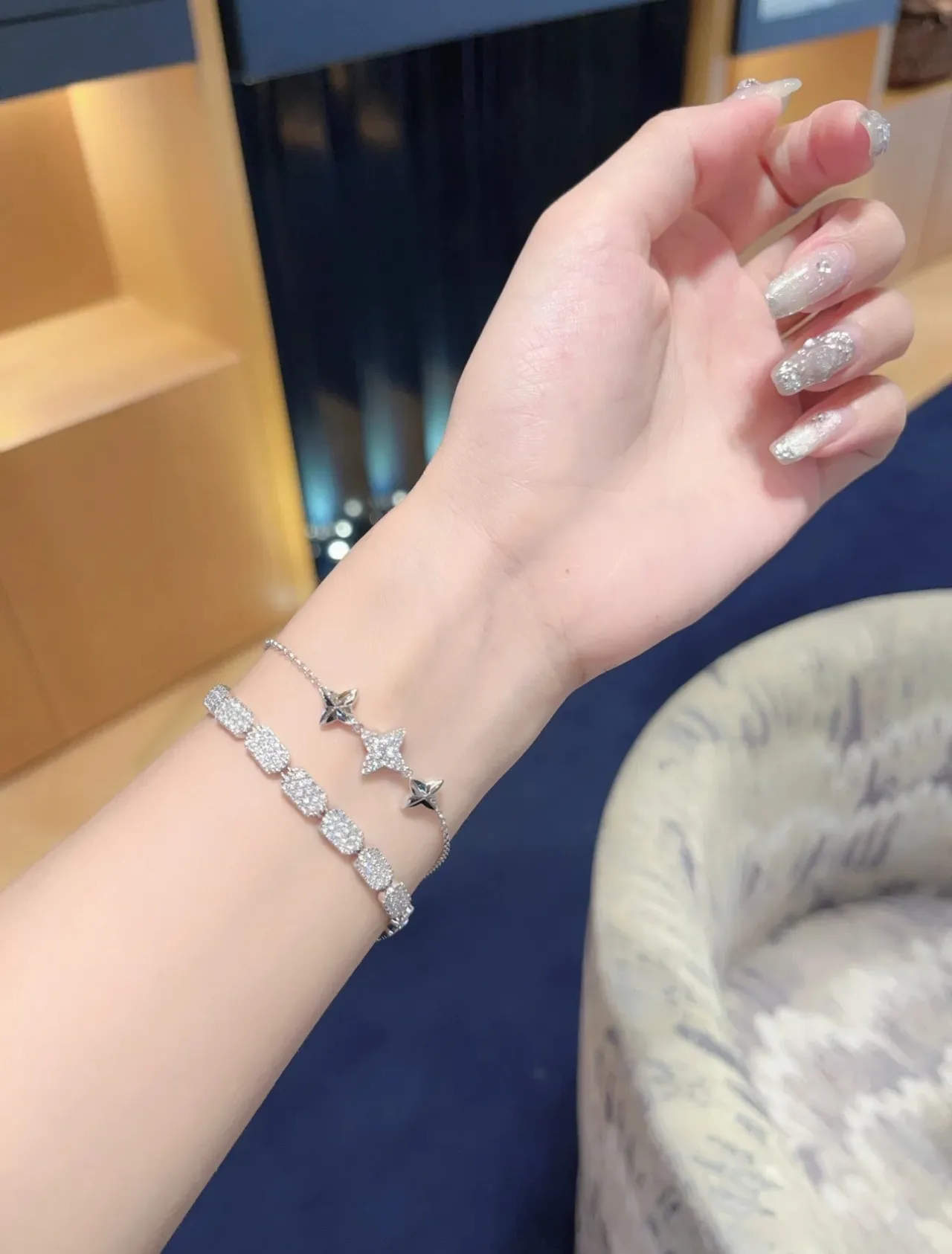 Navy Silver Chain Pavé-Set Star Centerpiece Bracelet 3