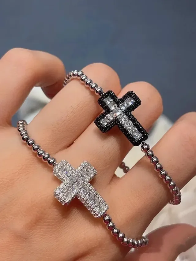 Navy Silver Crystal-Embellished Cross-Shaped Bracelet 6