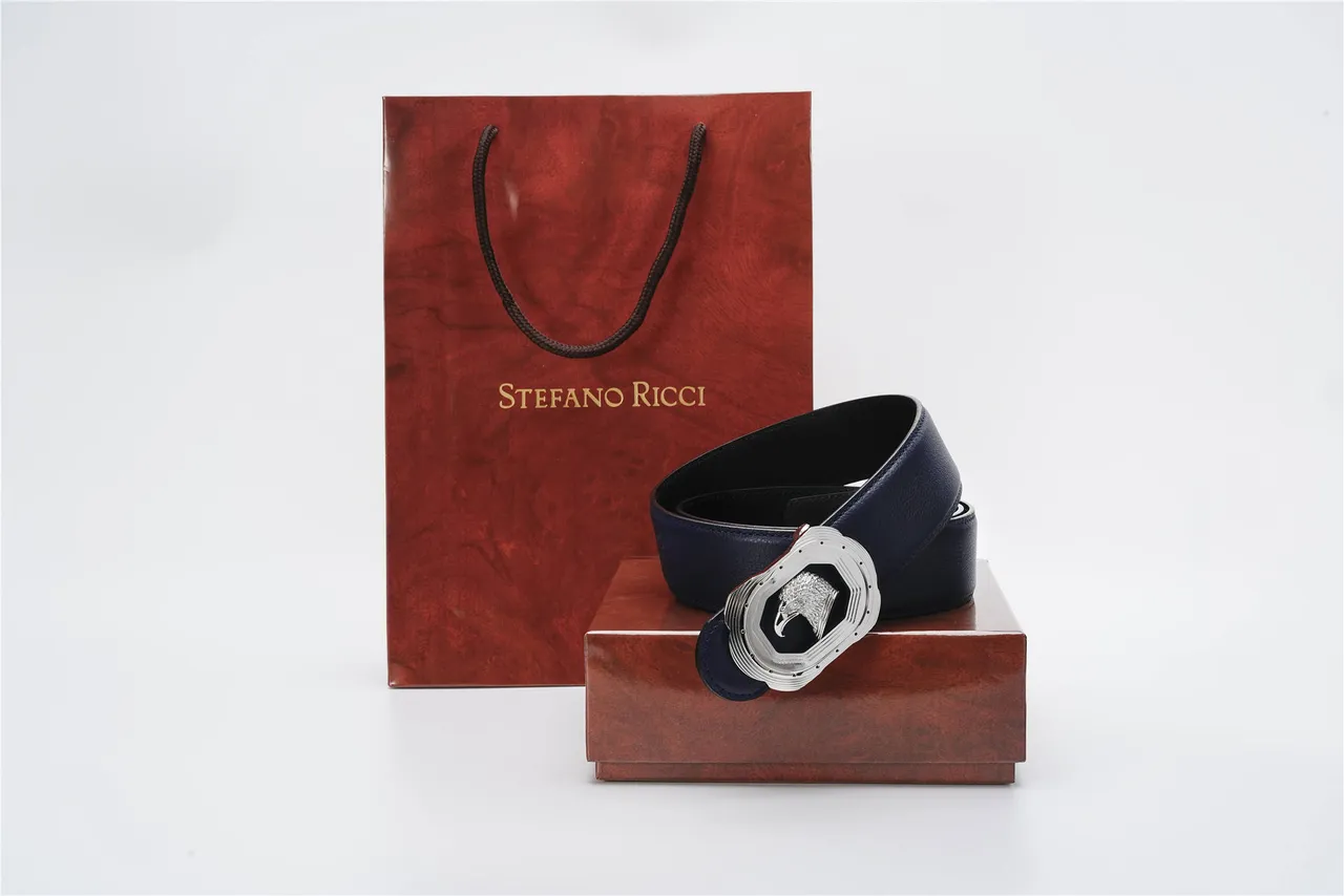 Navy Silver Pebbled Sculpted Eagle Head Buckle Leather Belt 3