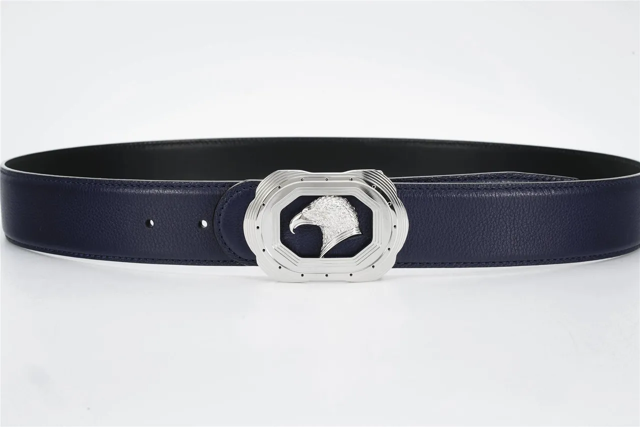 Navy Silver Pebbled Sculpted Eagle Head Buckle Leather Belt 8