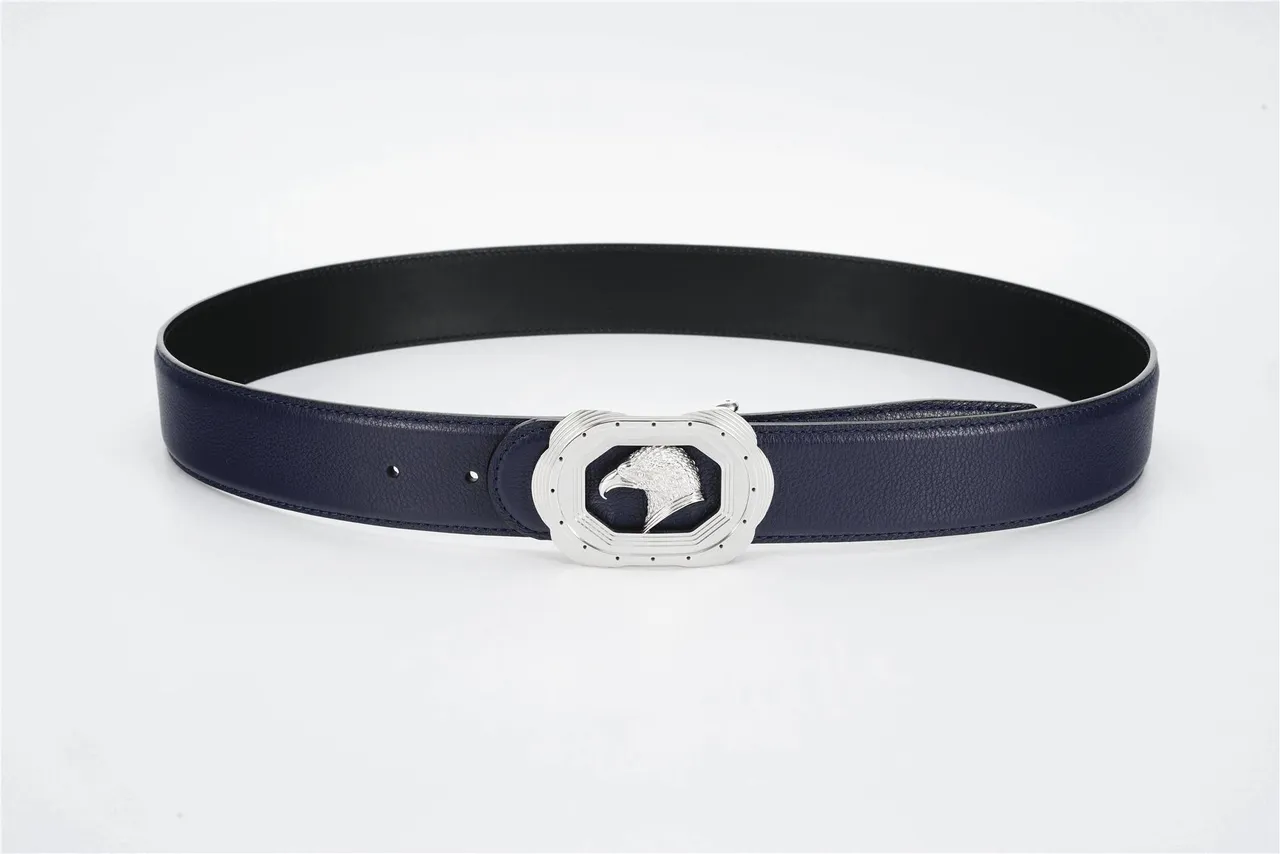 Navy Silver Pebbled Sculpted Eagle Head Buckle Leather Belt 9