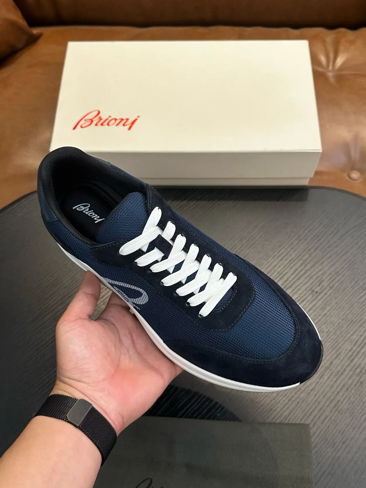 Navy White Mesh-Suede Hybrid Upper Flat Laces Sneakers 3