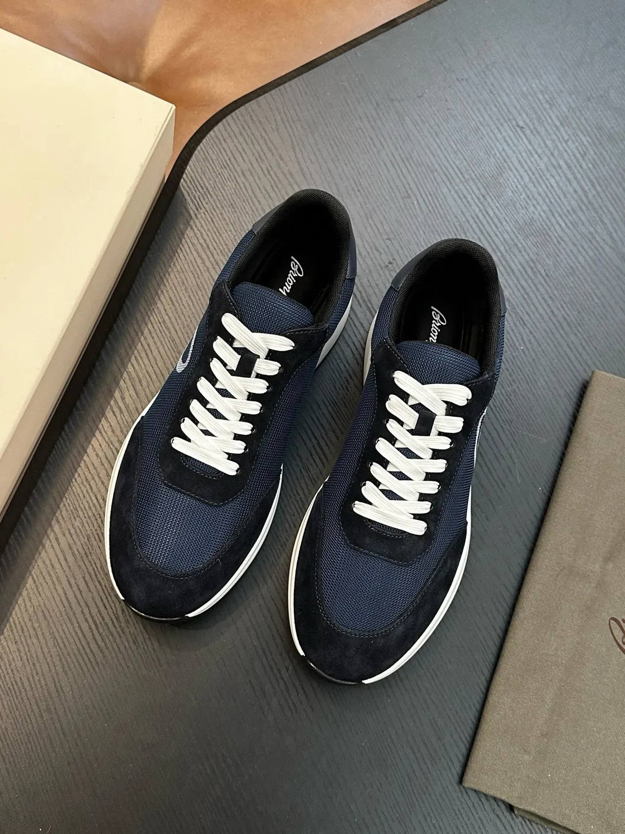 Navy White Mesh-Suede Hybrid Upper Flat Laces Sneakers 4