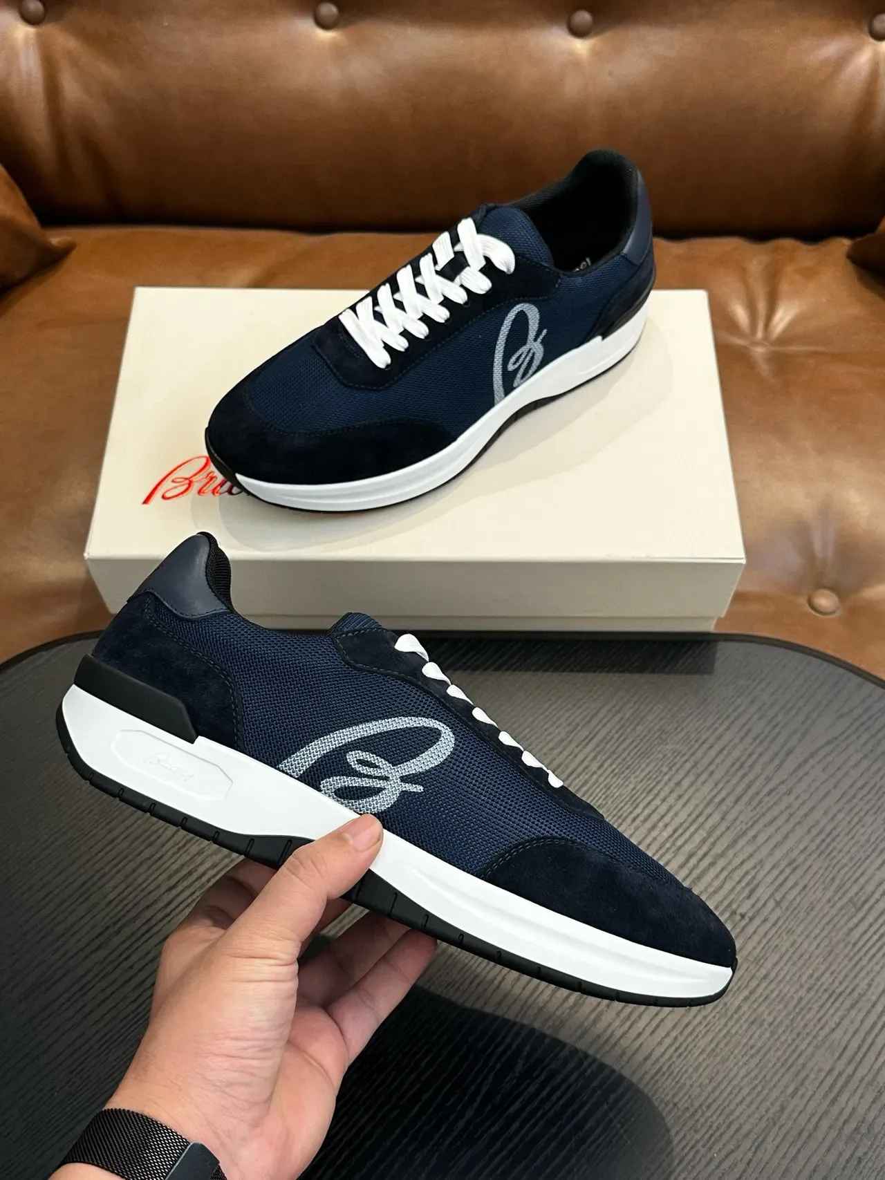 Navy White Mesh-Suede Hybrid Upper Flat Laces Sneakers 6
