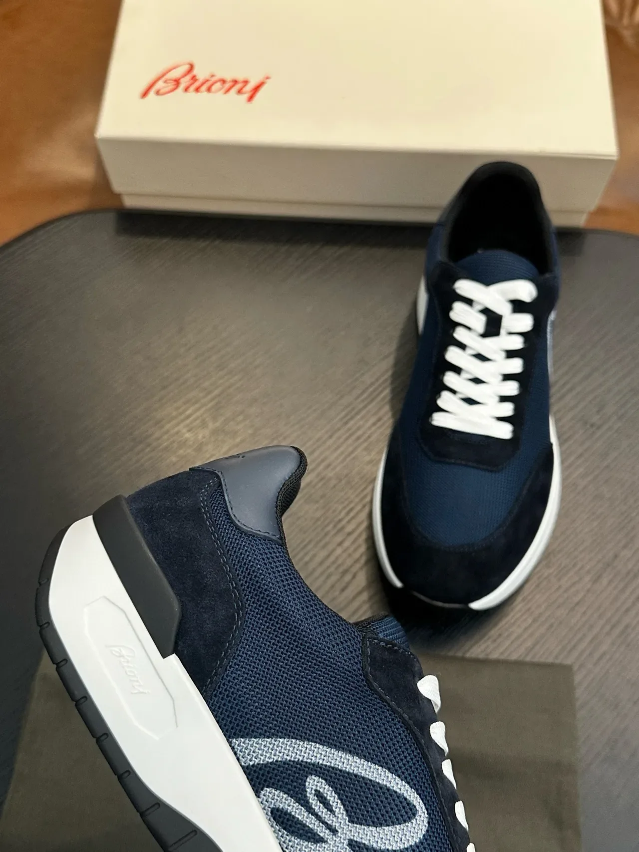 Navy White Mesh-Suede Hybrid Upper Flat Laces Sneakers 8