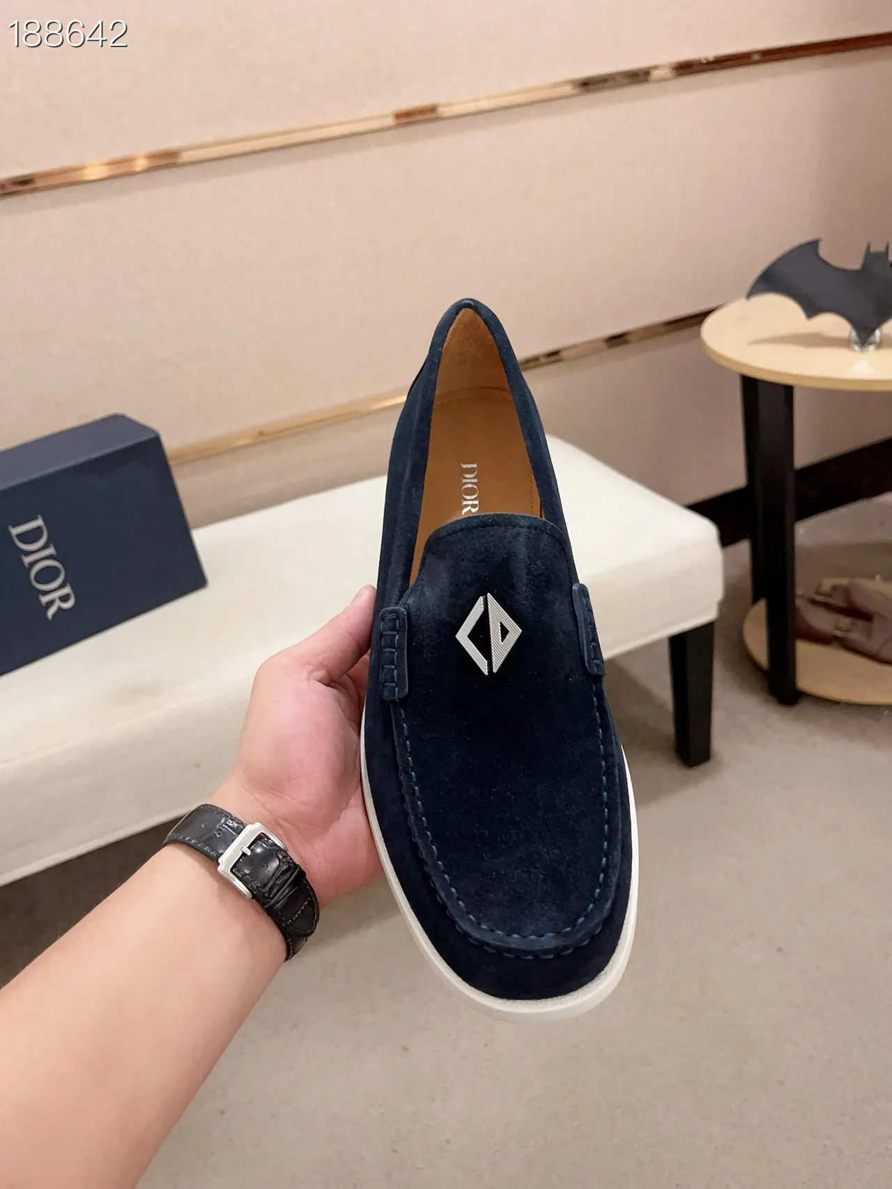 Navy White Suede Upper Contrast Sole Loafer 7