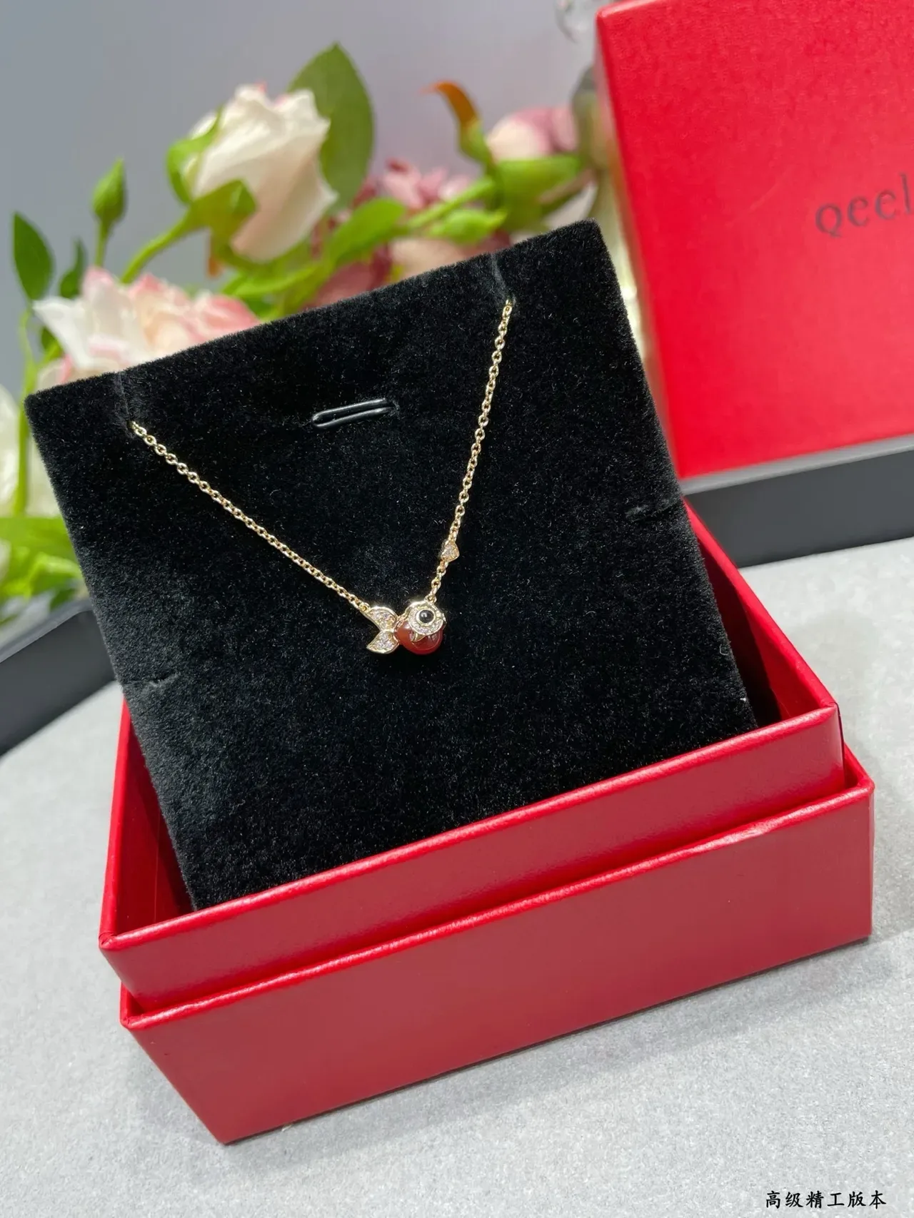 Oeelin Rose Gold Red Cabochon Fish Pendant Necklace 8