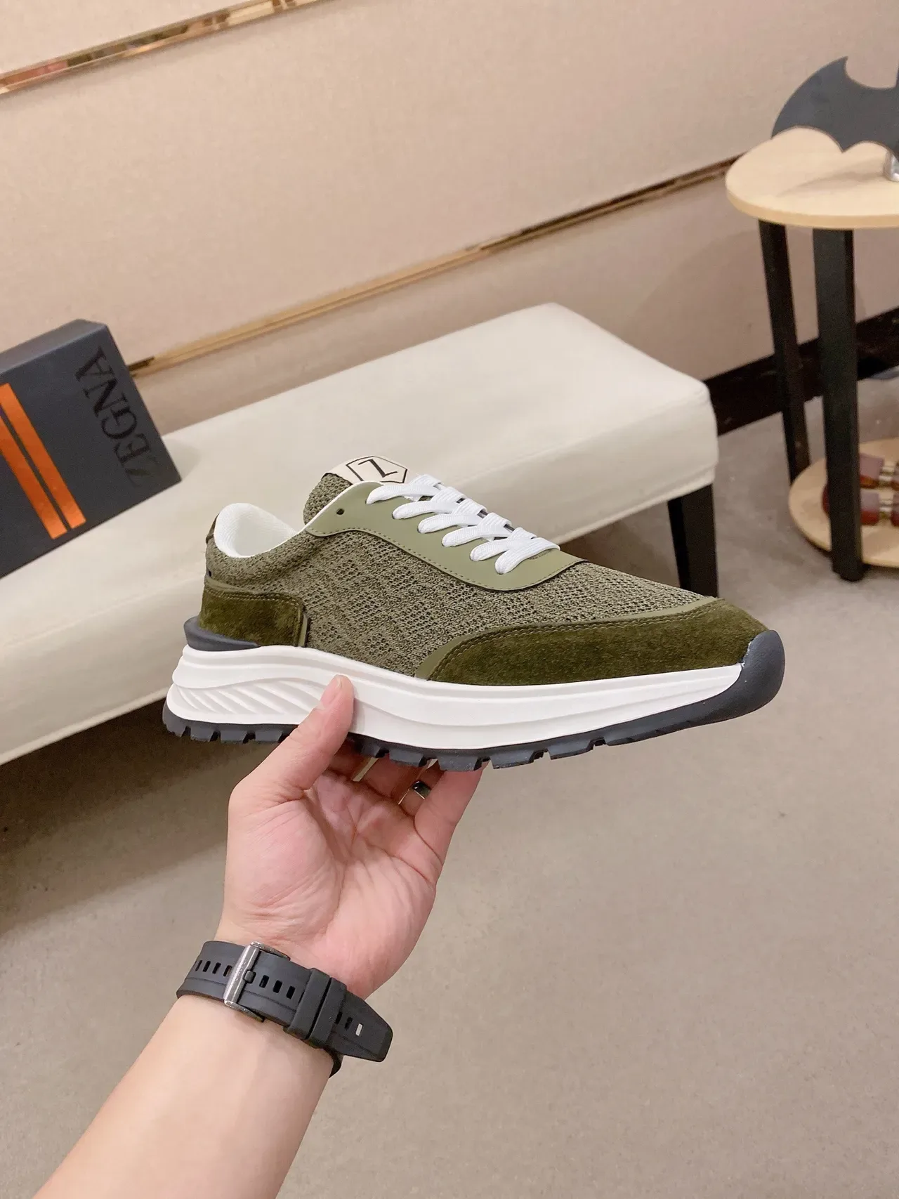 Olive Green Mesh and Suede Chunky Platform Sneaker 4