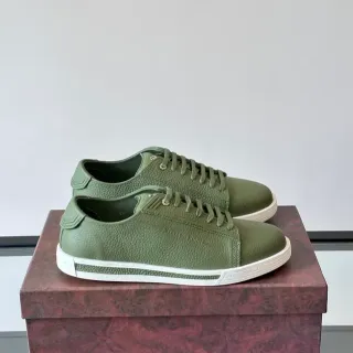 Olive Green Pebbled Leather Low-Top Sneakers