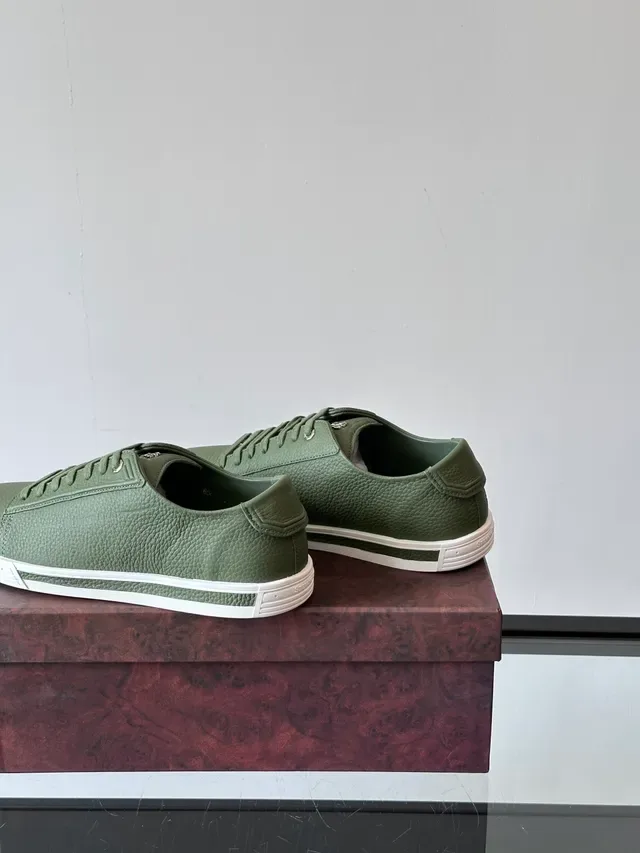 Olive Green Pebbled Leather Low-Top Sneakers 3