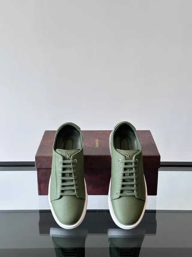 Olive Green Pebbled Leather Low-Top Sneakers 4