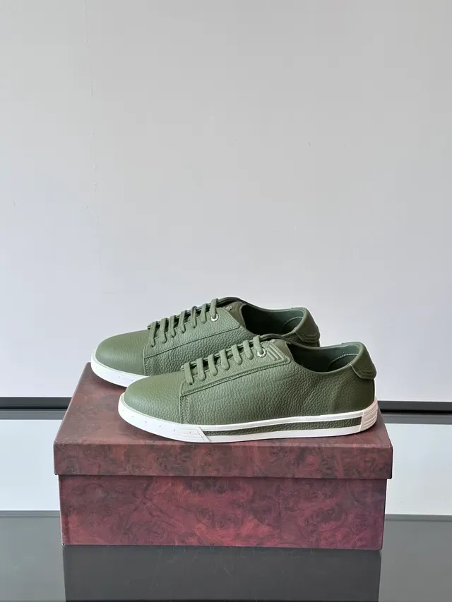 Olive Green Pebbled Leather Low-Top Sneakers 5