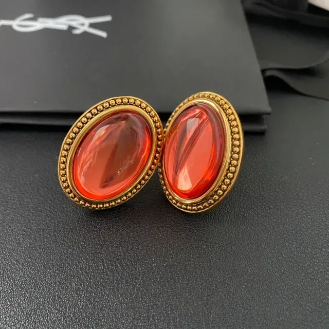 Oval Red-Orange Cabochon Beaded Gold-Tone Earrings 5