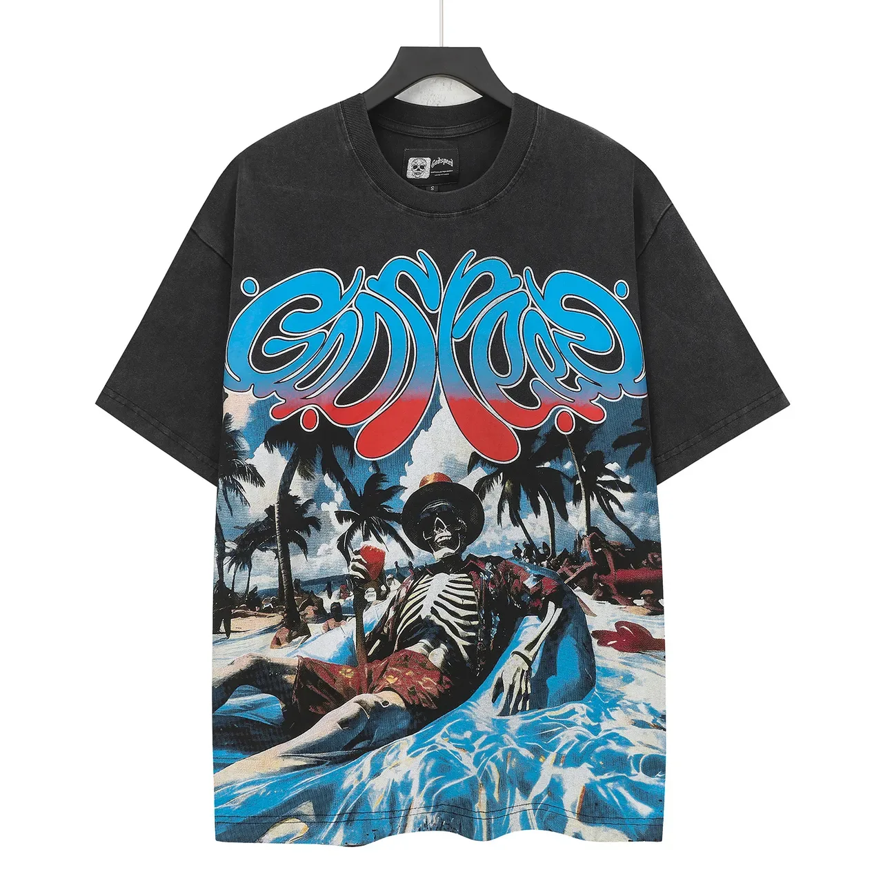 Oversized Acid-Wash Black Graphic Print Double-Sided T-Shirt 3