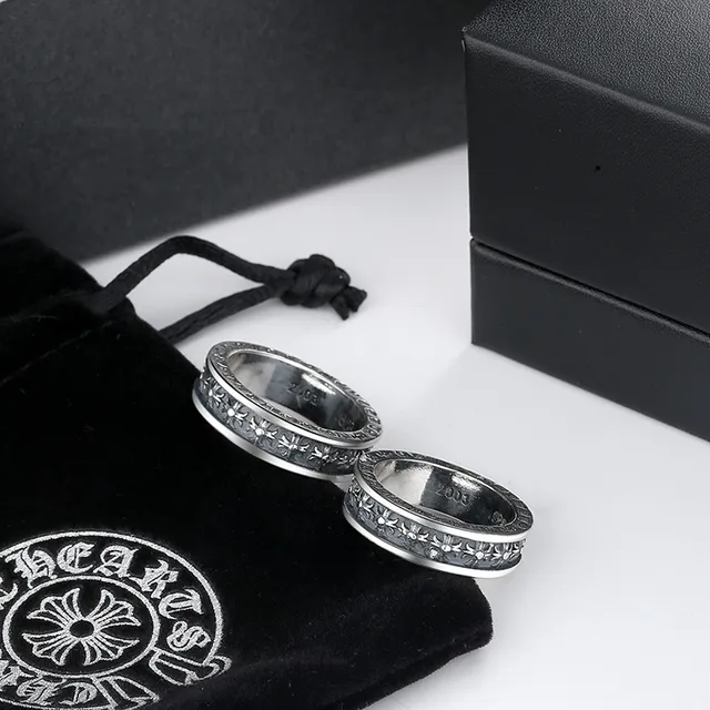Oxidized Silver Engraved Floral Motif Rings 2