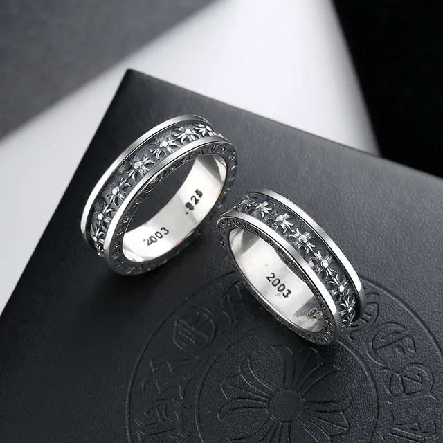 Oxidized Silver Engraved Floral Motif Rings 3