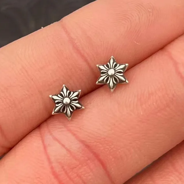 Oxidized Silver Floral and Star Stud Earrings 2
