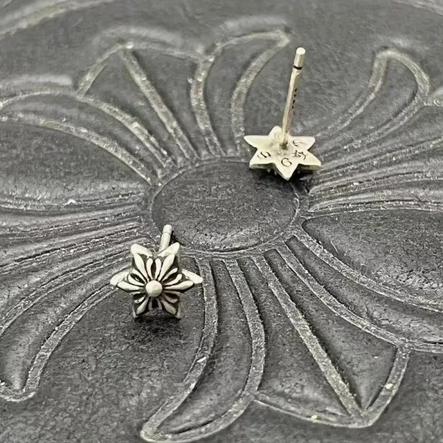 Oxidized Silver Floral and Star Stud Earrings 3