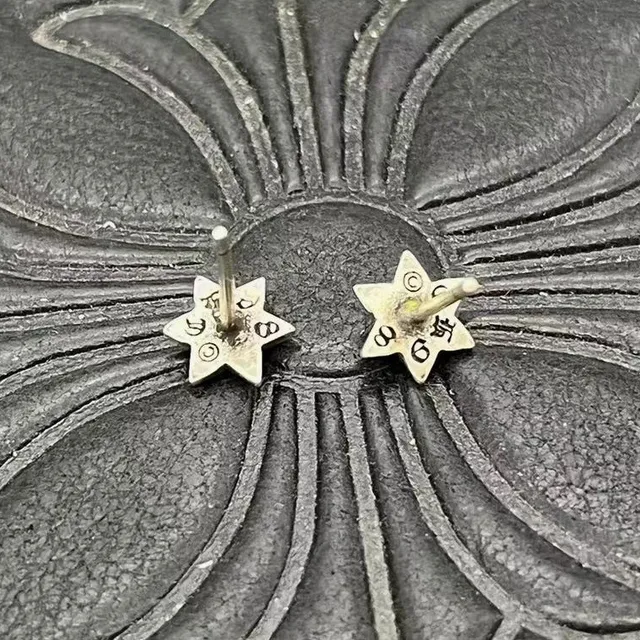 Oxidized Silver Floral and Star Stud Earrings 4