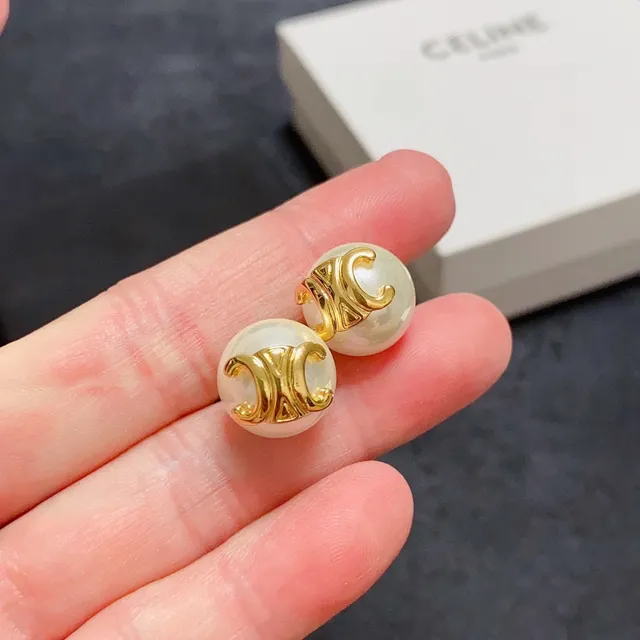 Pearl-Effect Sphere Gold Monogram Stud Earrings 3