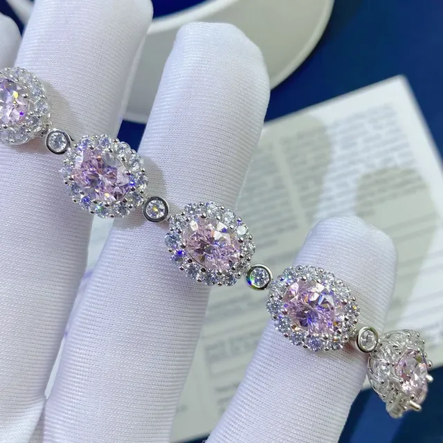 Pink and Clear Halo-Set Oval Stone Bracelet 2