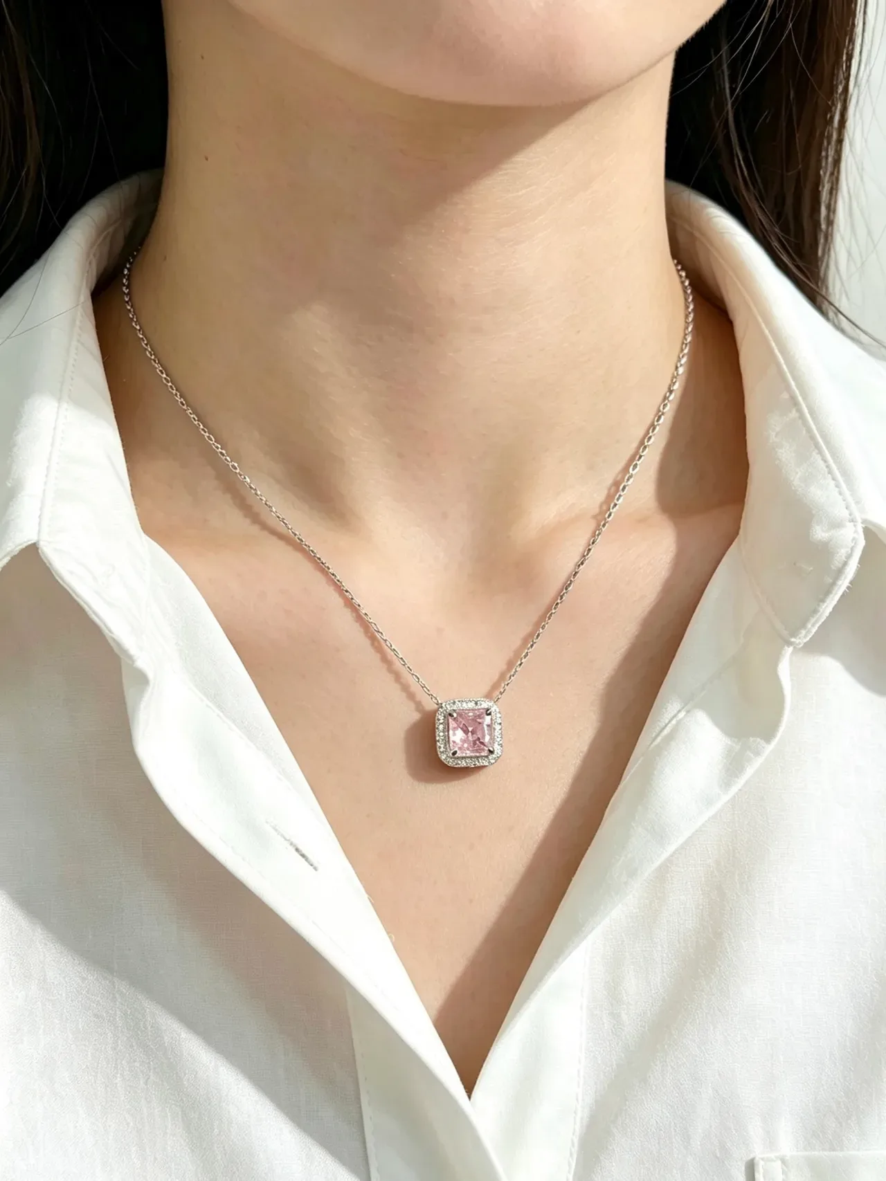 Pink Gold Square Cushion-Cut Central Stone Halo Pavé Setting Necklace 3