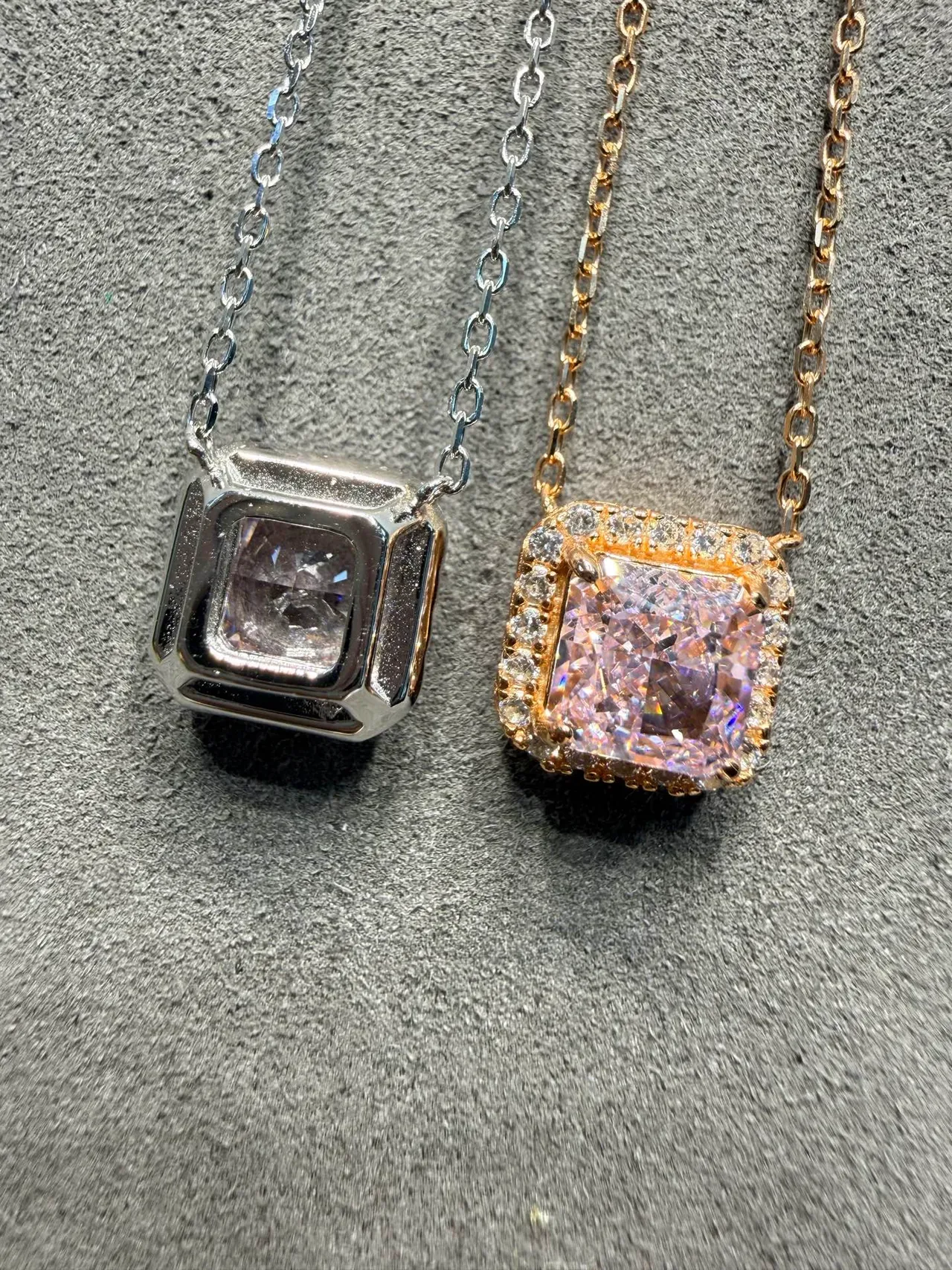 Pink Gold Square Cushion-Cut Central Stone Halo Pavé Setting Necklace 7