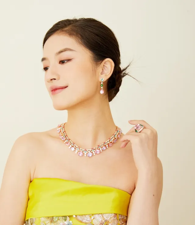 Pink Green Multi-Stone Drop Gold-Tone Setting Earrings 2