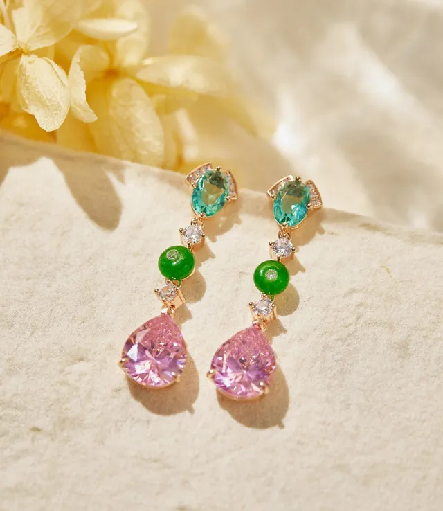 Pink Green Multi-Stone Drop Gold-Tone Setting Earrings 3