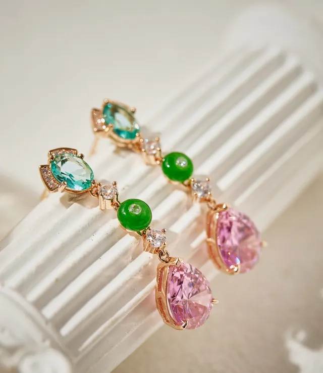 Pink Green Multi-Stone Drop Gold-Tone Setting Earrings 4