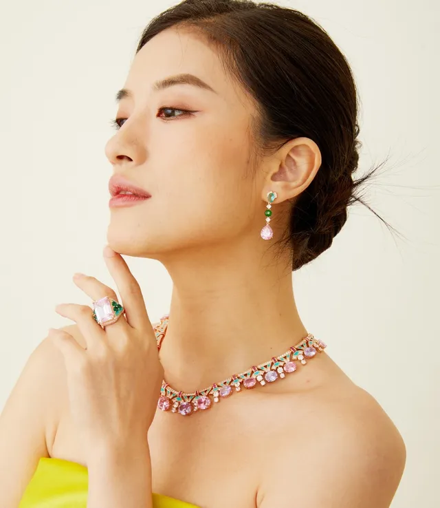 Pink Green Multi-Stone Drop Gold-Tone Setting Earrings 5