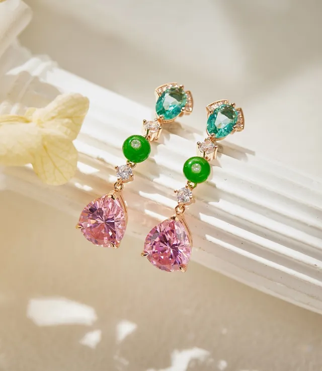 Pink Green Multi-Stone Drop Gold-Tone Setting Earrings 8