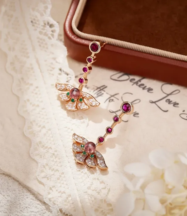 Pink Green Wing-Shaped Pavé-Set Earrings 2