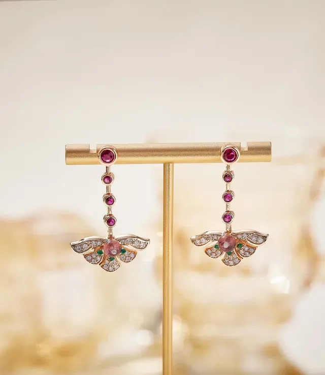 Pink Green Wing-Shaped Pavé-Set Earrings 4