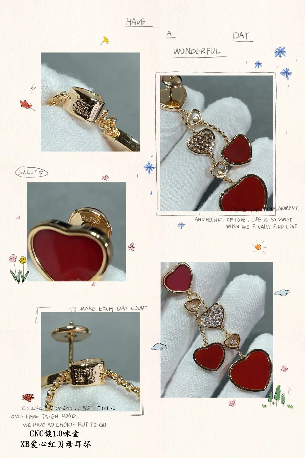 Red Gold Multi-Heart Dangle Metal Earrings 4