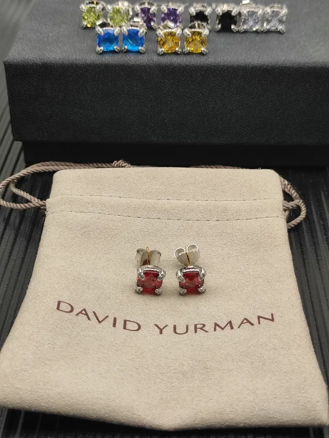 Red Silver Square-Cut Gemstone Metal Earrings 4