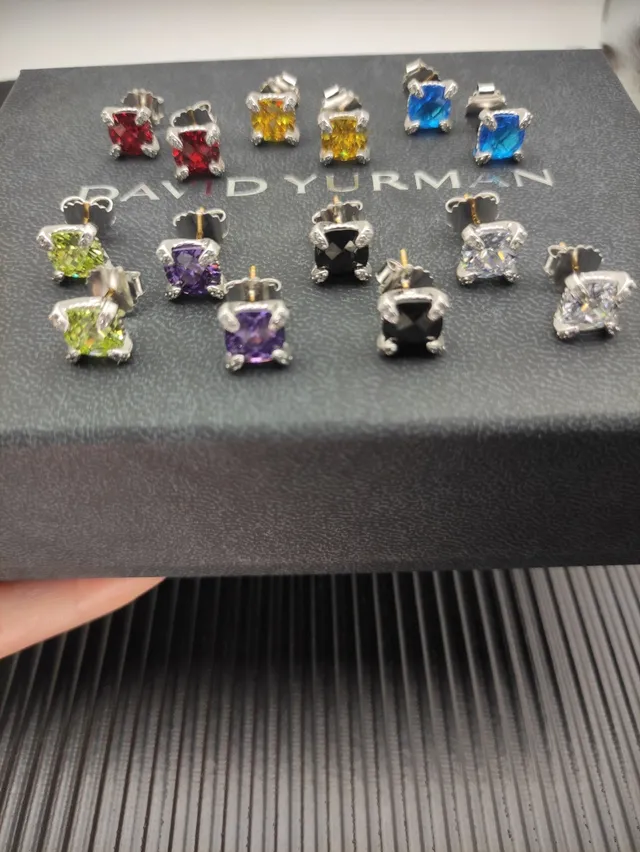 Red Silver Square-Cut Gemstone Metal Earrings 6