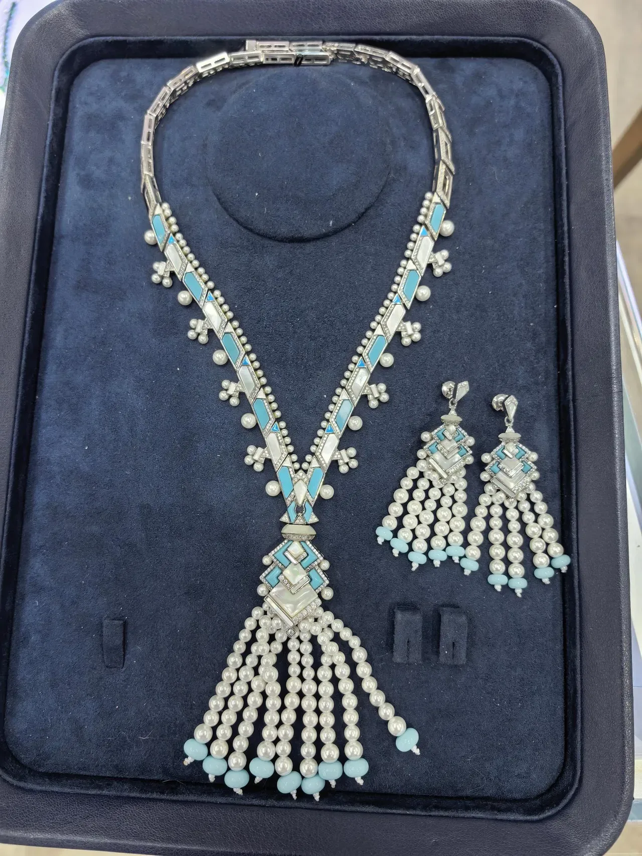 Rose Gold Turquoise and Pearl Tassel Pendant Necklace 2